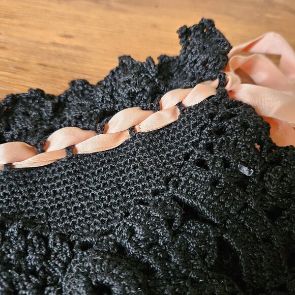 Antique Victorian Black Pink Cotton Knit Crochet Purse Lingerie Storage Bag - Picture 2 of 5
